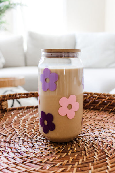 Retro Flower Glass Cup - Blush Pink, Lavender & Plum
