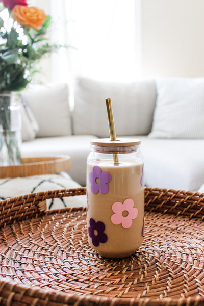 Retro Flower Glass Cup - Blush Pink, Lavender & Plum