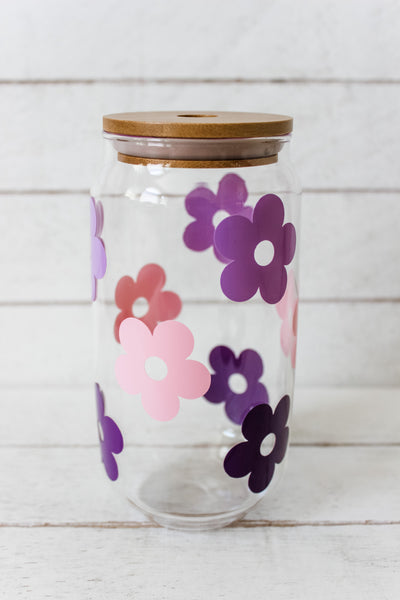 Retro Flower Glass Cup - Blush Pink, Lavender & Plum