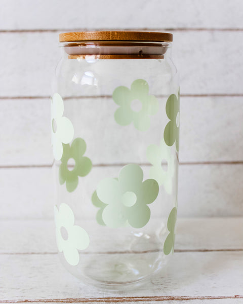 Retro Flower Glass Cup - Sage Green