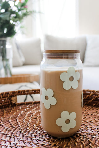 Retro Flower Glass Cup - Sage Green