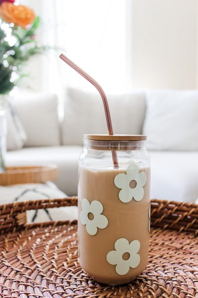 Retro Flower Glass Cup - Sage Green